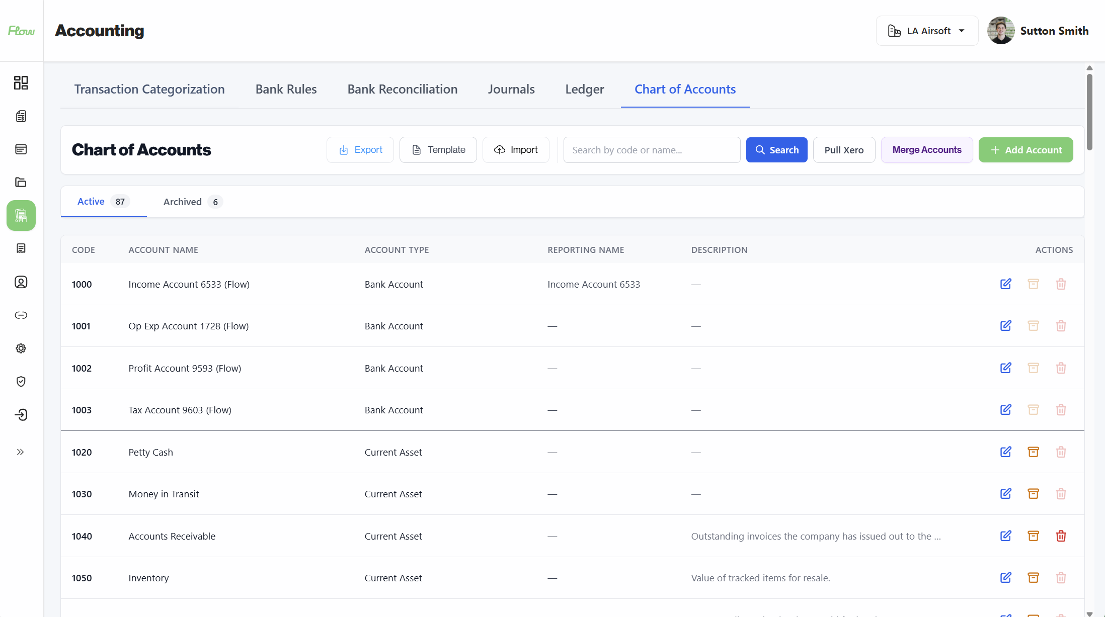 Flow Keeping chart of accounts with codes, types, and actions